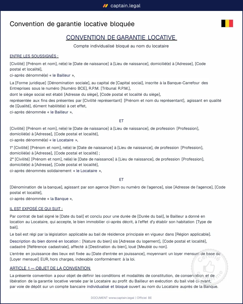 Convention de garantie locative bloquée Belgique | Word & PDF