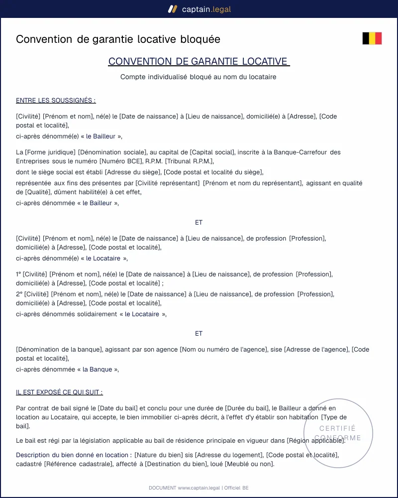 Convention de garantie locative bloquée Belgique | Word & PDF