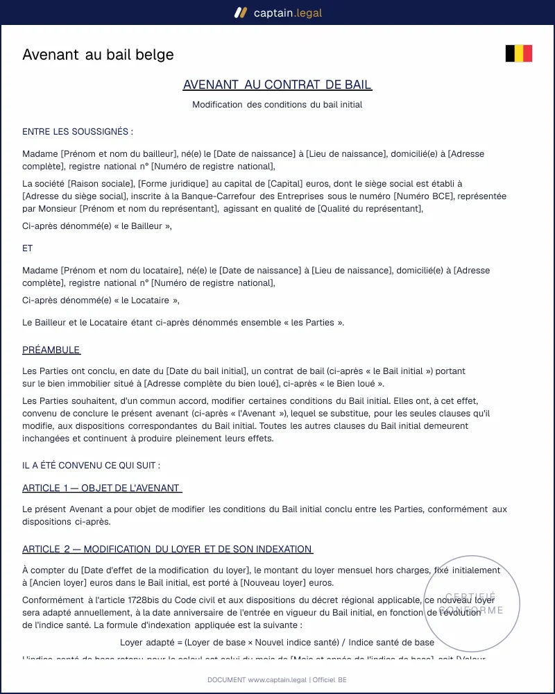 Avenant au bail belge (Word, PDF) : loyer, colocation, durée
