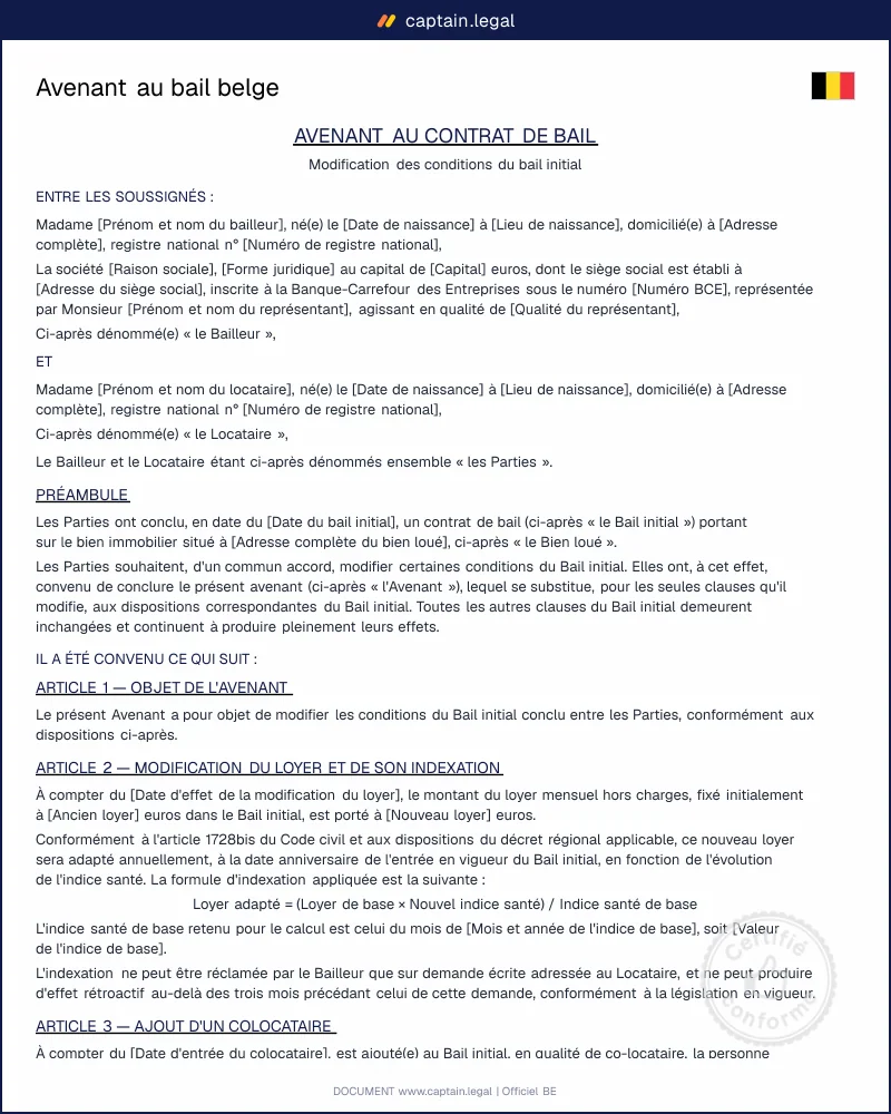 Avenant au bail belge (Word, PDF) : loyer, colocation, durée