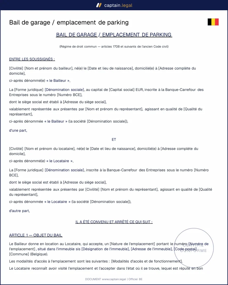 Bail de garage / emplacement de parking - Belgique