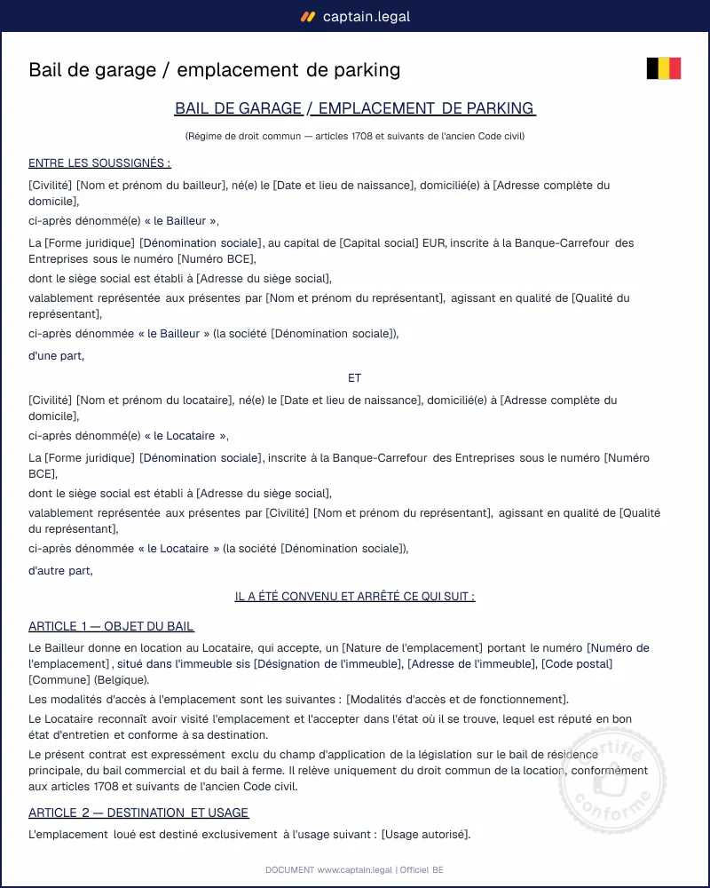 Bail de garage / emplacement de parking - Belgique