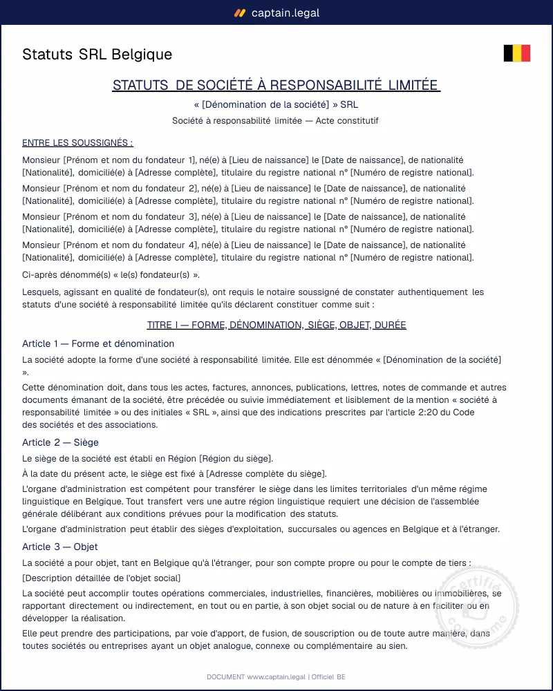 Statuts SRL Belgique — Modèle Word et PDF conforme CSA