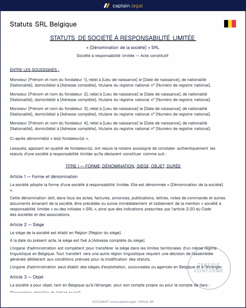 Statuts SRL Belgique — Modèle Word et PDF conforme CSA