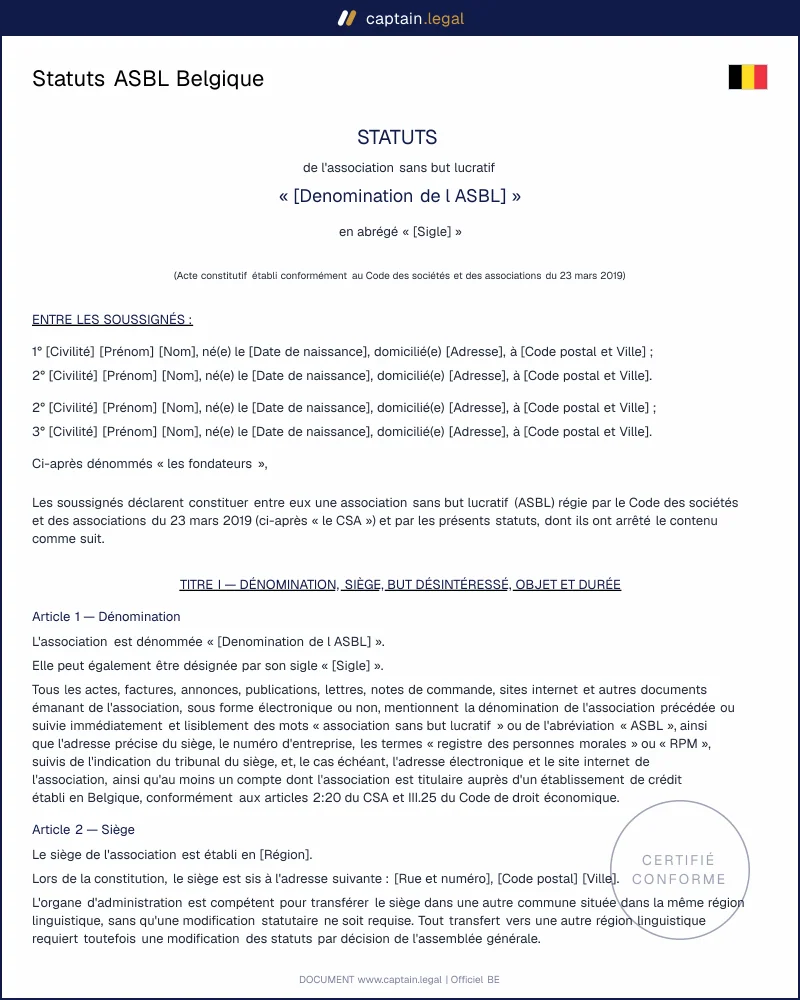 Statuts ASBL Belgique : modèle conforme au CSA | Captain.Legal