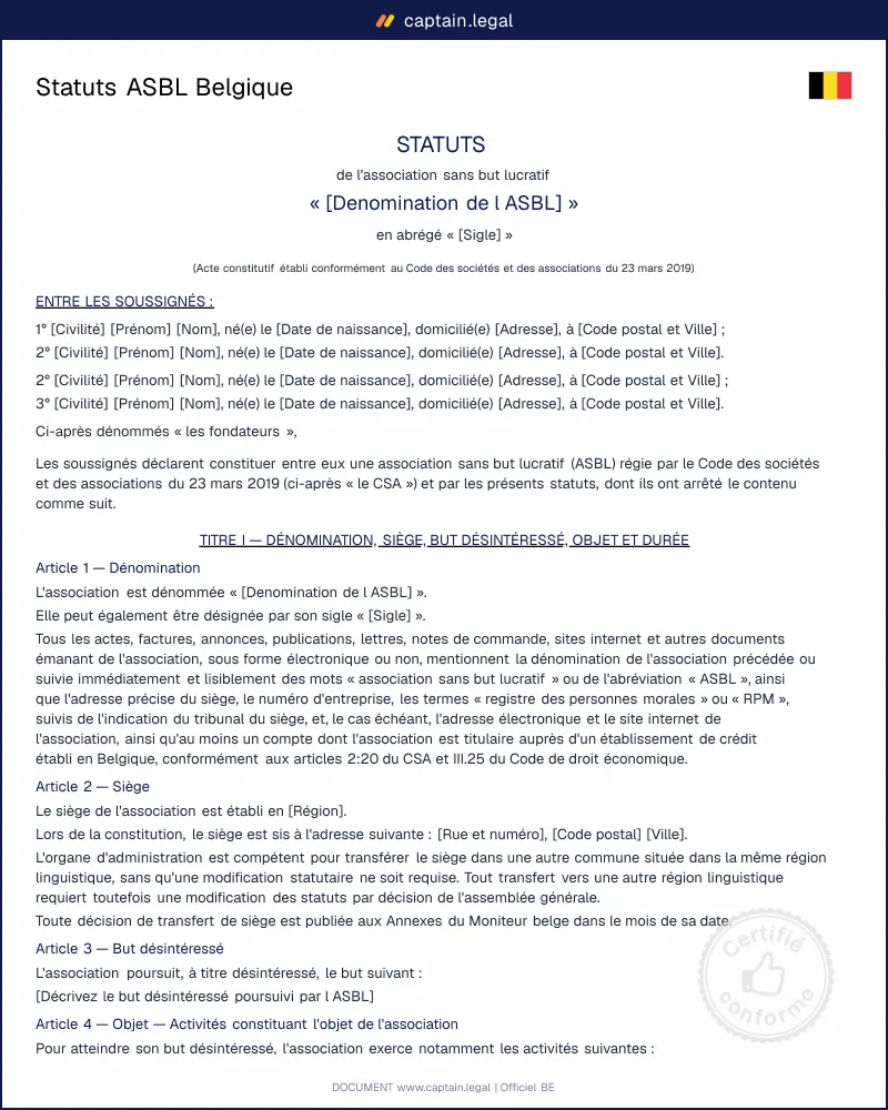 Statuts ASBL Belgique : modèle conforme au CSA | Captain.Legal