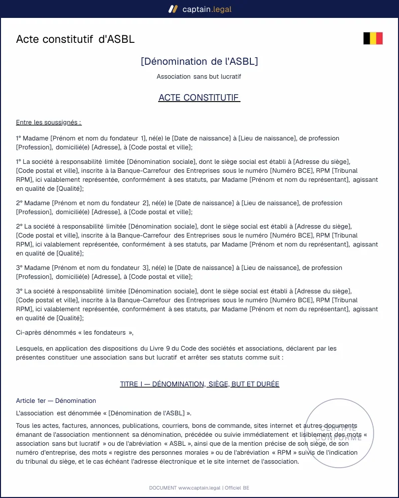 Acte constitutif d'ASBL : modèle Word & PDF conforme au CSA