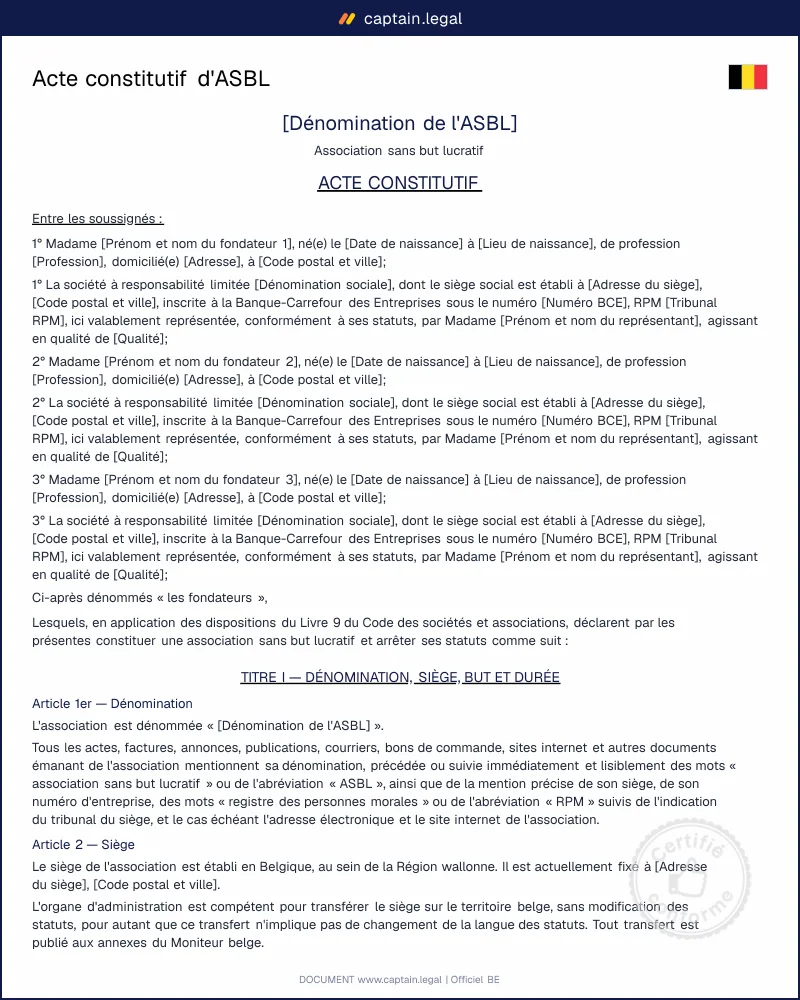 Acte constitutif d'ASBL : modèle Word & PDF conforme au CSA