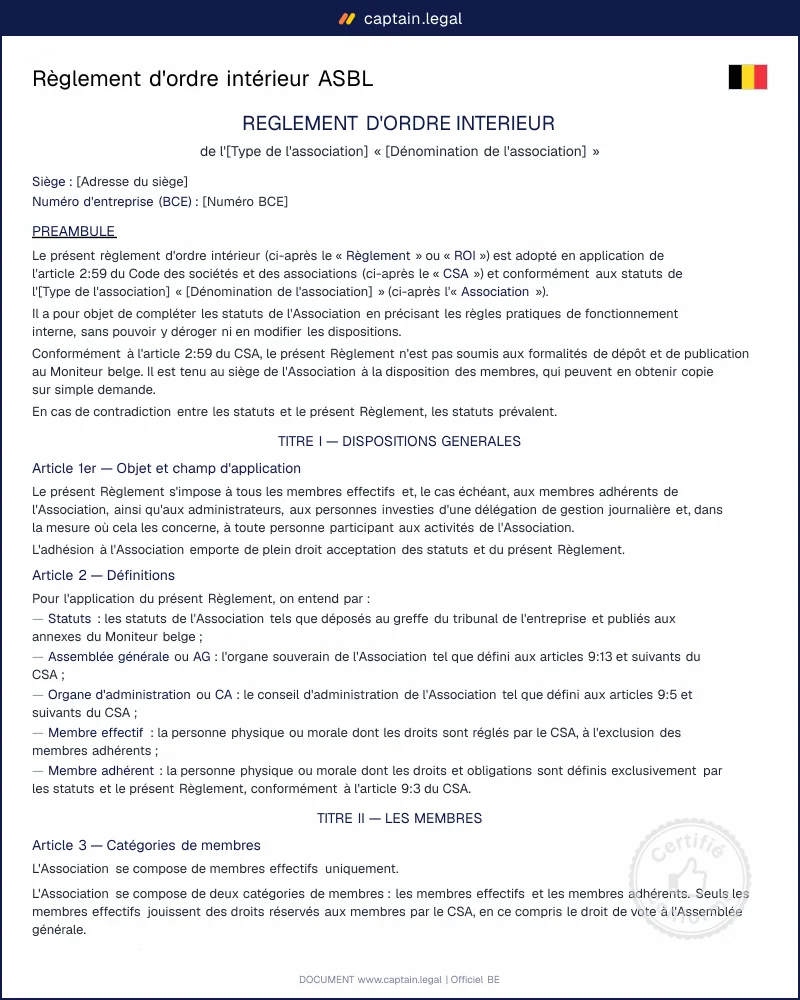 Règlement d'ordre intérieur ASBL Belgique – Modèle Word & PDF