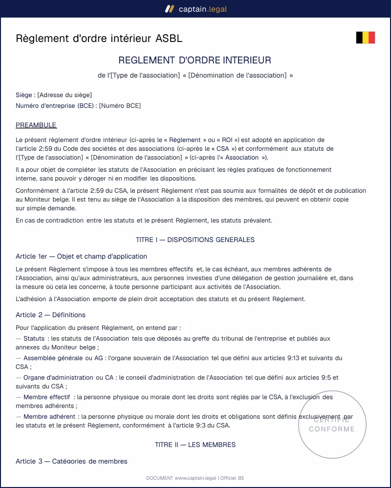 Règlement d'ordre intérieur ASBL Belgique – Modèle Word & PDF