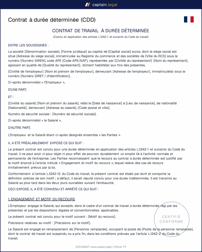 Modèle de Contrat de travail à durée déterminée (CDD)