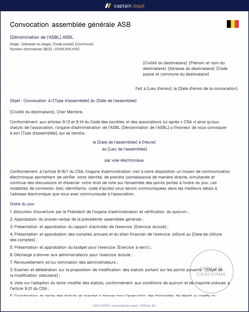 Convocation assemblée générale ASBL Belgique | Modèle 2026