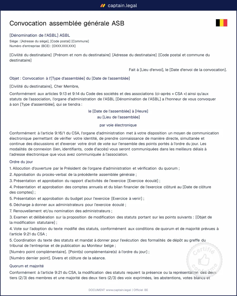 Convocation assemblée générale ASBL Belgique | Modèle 2026