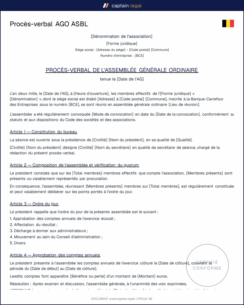Procès-verbal AGO ASBL Belgique : modèle CSA Word & PDF