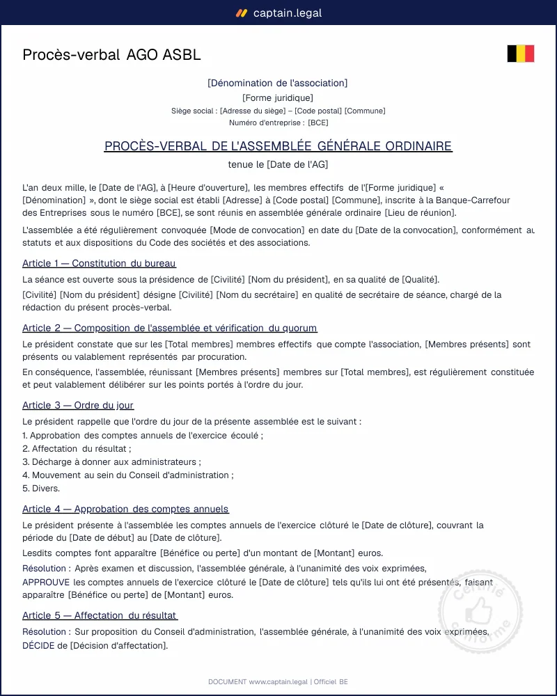 Procès-verbal AGO ASBL Belgique : modèle CSA Word & PDF