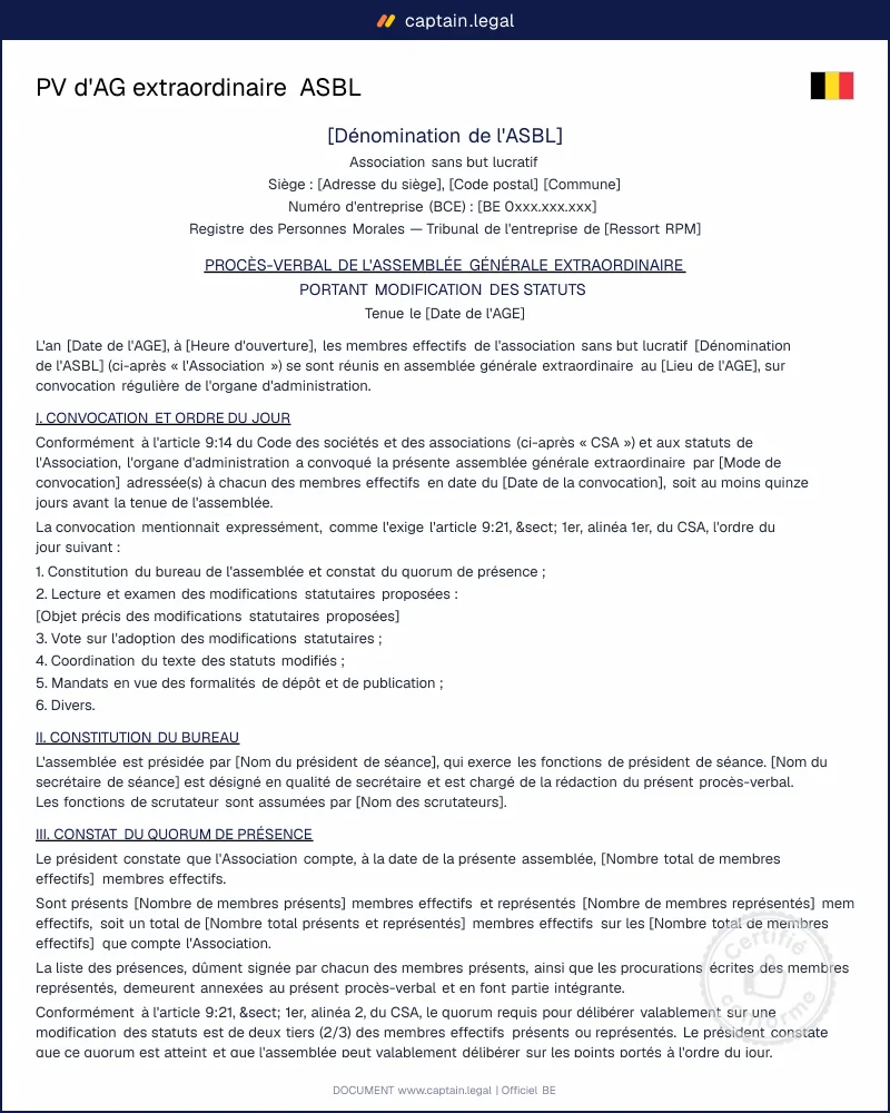 PV d'AG extraordinaire ASBL : modification des statuts | Modèle