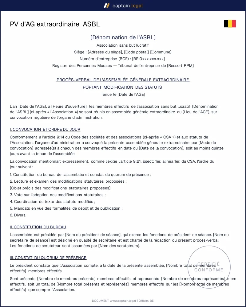 PV d'AG extraordinaire ASBL : modification des statuts | Modèle