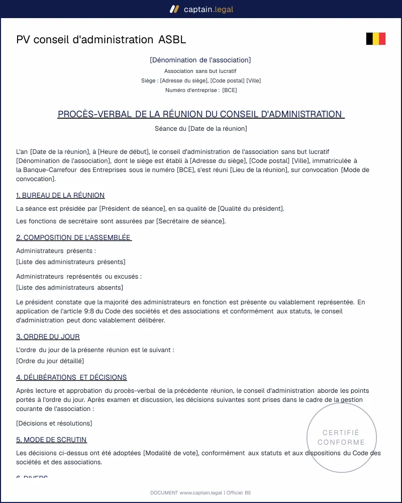 PV conseil d'administration ASBL : modèle Word & PDF