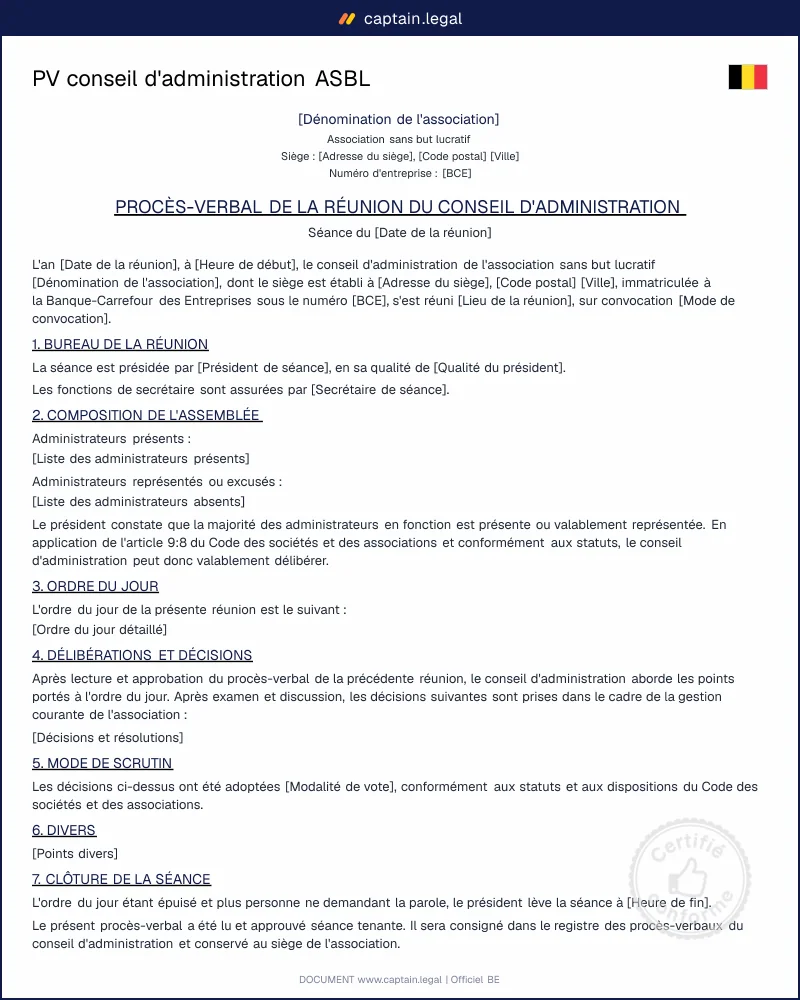 PV conseil d'administration ASBL : modèle Word & PDF