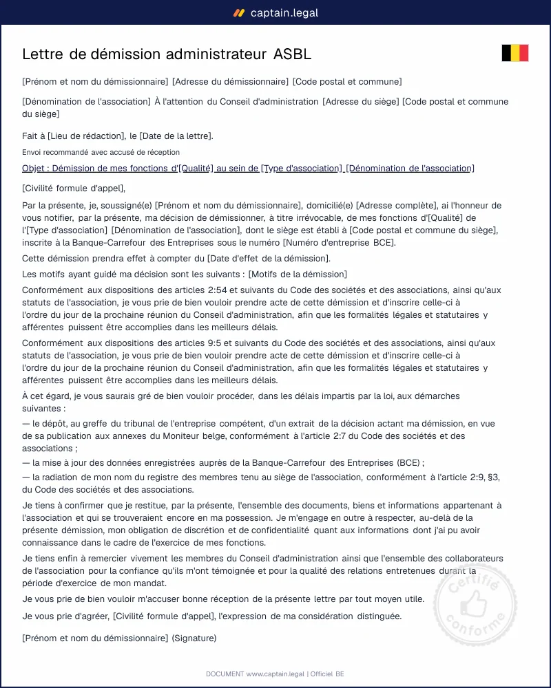 Lettre de démission administrateur ASBL Belgique