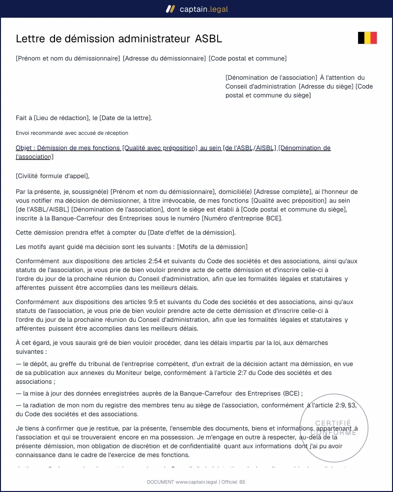 Lettre de démission administrateur ASBL Belgique