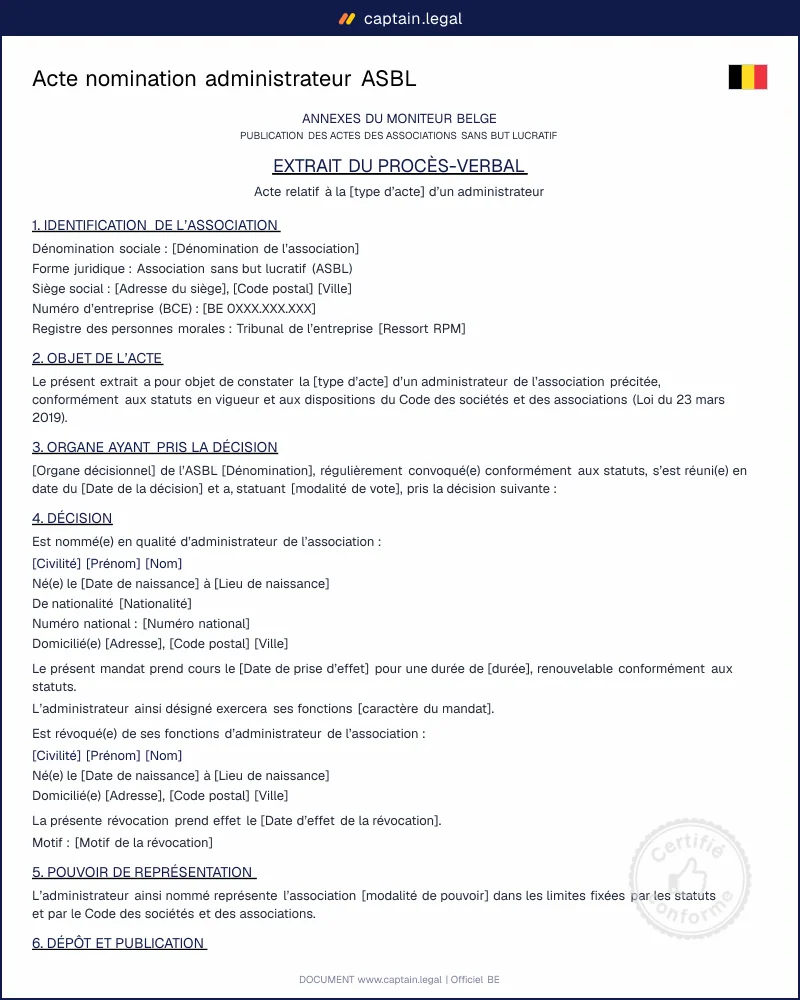 Acte nomination administrateur ASBL Belgique | Captain.Legal