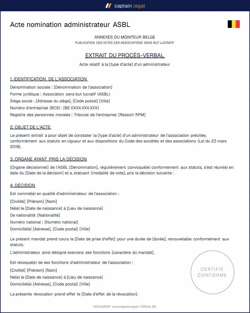 Acte nomination administrateur ASBL Belgique | Captain.Legal