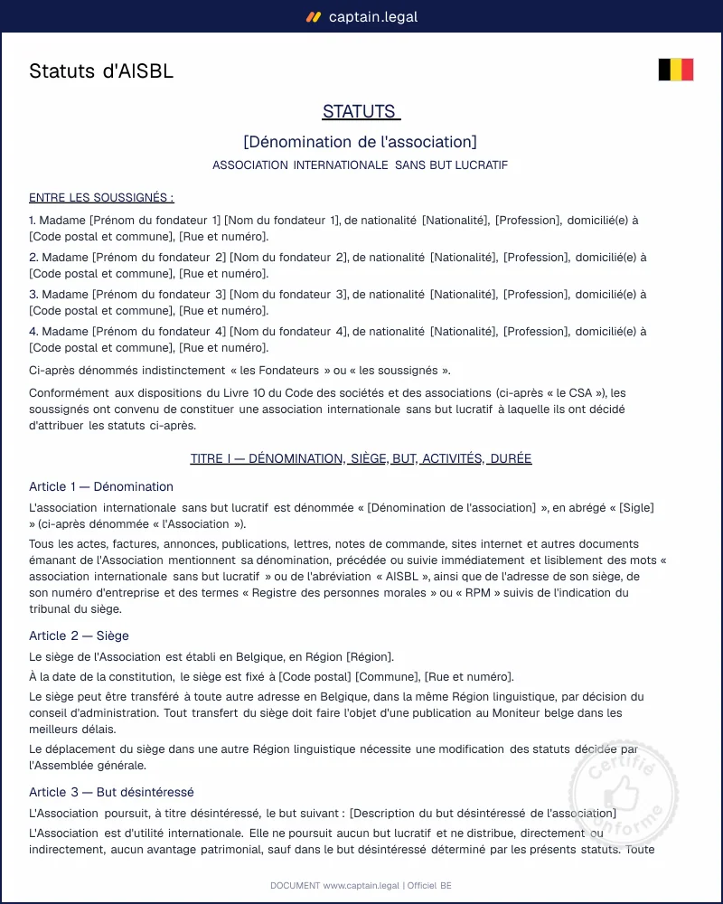 Statuts d'AISBL conformes au CSA (Livre 10)