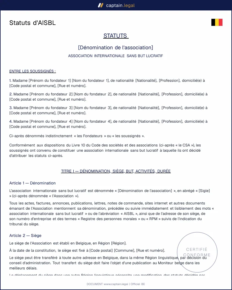 Statuts d'AISBL conformes au CSA (Livre 10)