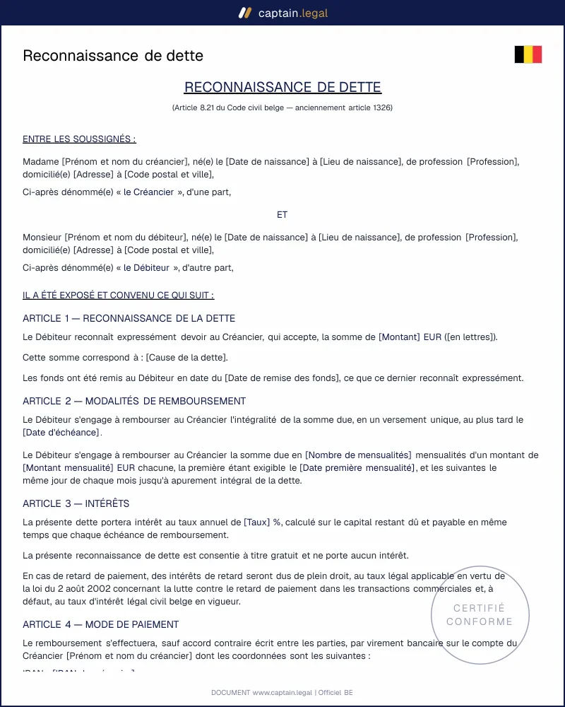 Modèle de reconnaissance de dette Belgique (Word & PDF)