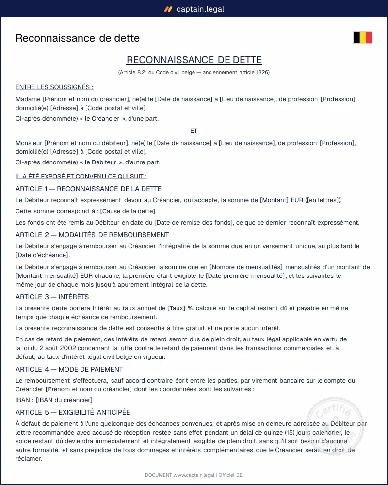 Modèle de reconnaissance de dette Belgique (Word & PDF)