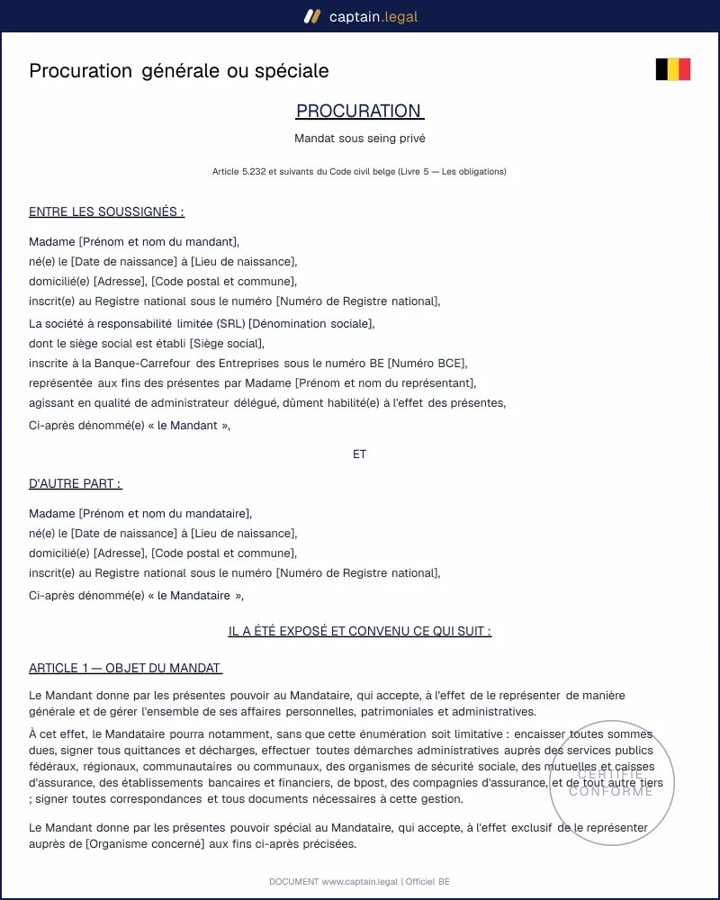 Procuration générale ou spéciale en Belgique : modèle Word & PDF