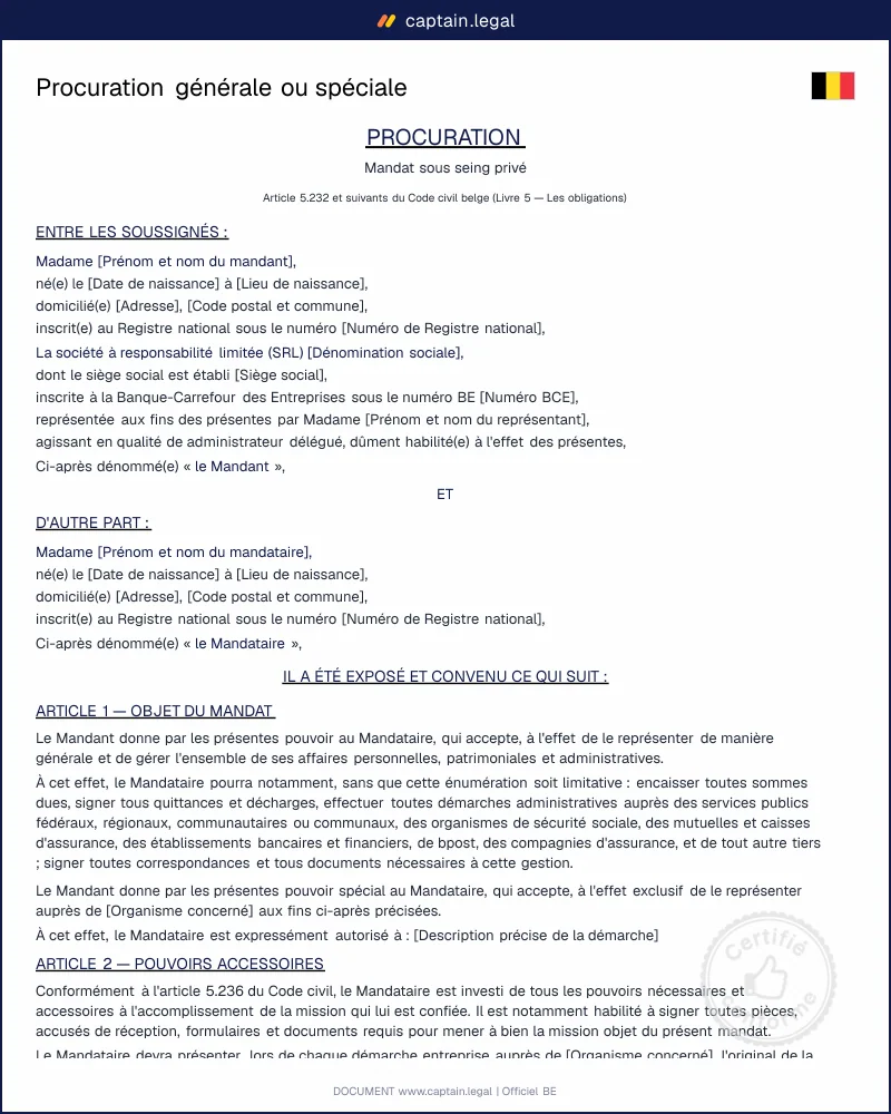 Procuration générale ou spéciale en Belgique : modèle Word & PDF