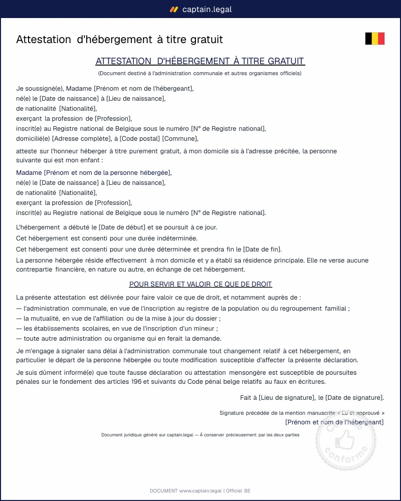 Attestation d'hébergement à titre gratuit | PDF & Word