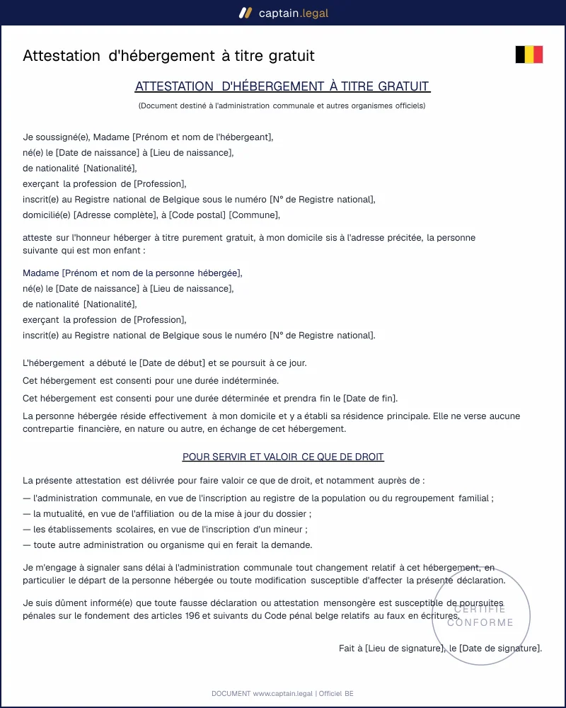 Attestation d'hébergement à titre gratuit | PDF & Word