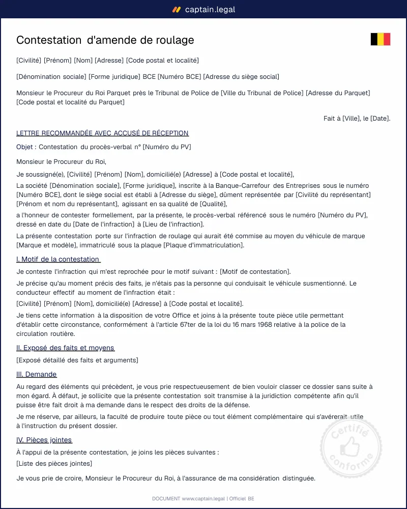 Lettre de contestation d'amende de roulage | Belgique