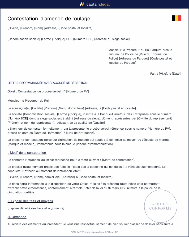Lettre de contestation d'amende de roulage | Belgique