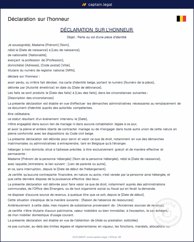 Déclaration sur l'honneur belge à télécharger | PDF & Word