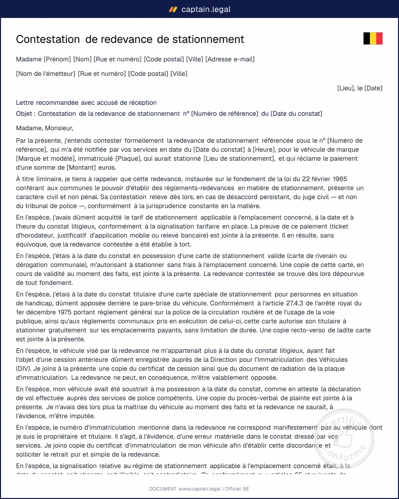 Lettre de contestation de redevance de stationnement