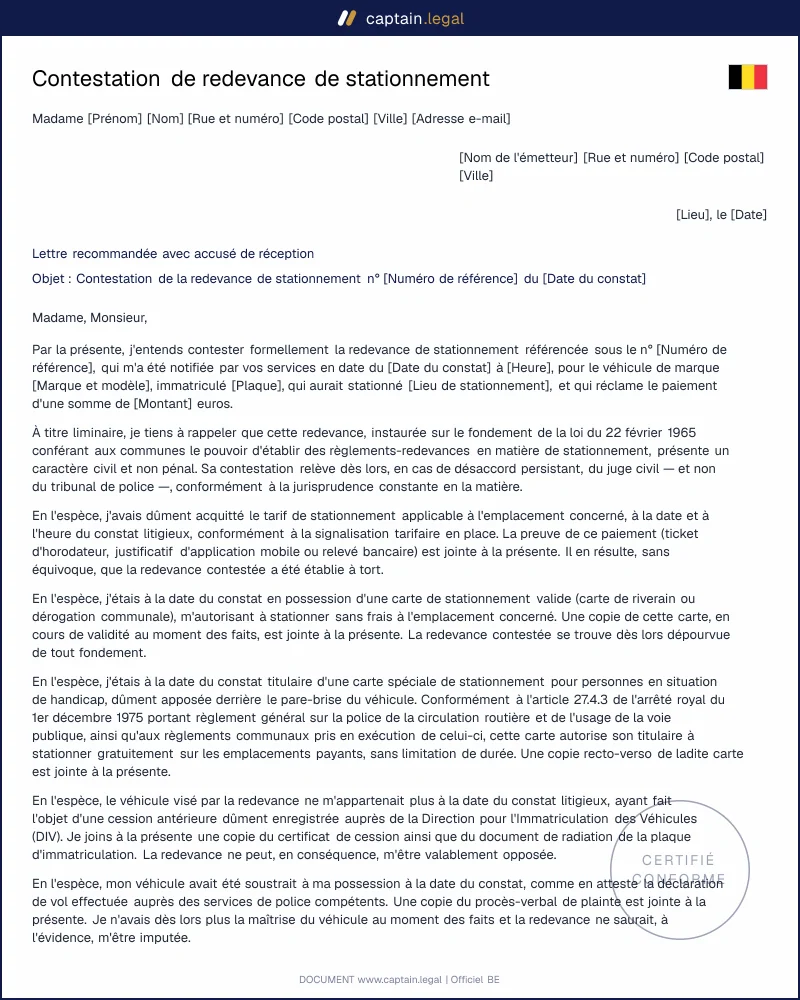 Lettre de contestation de redevance de stationnement