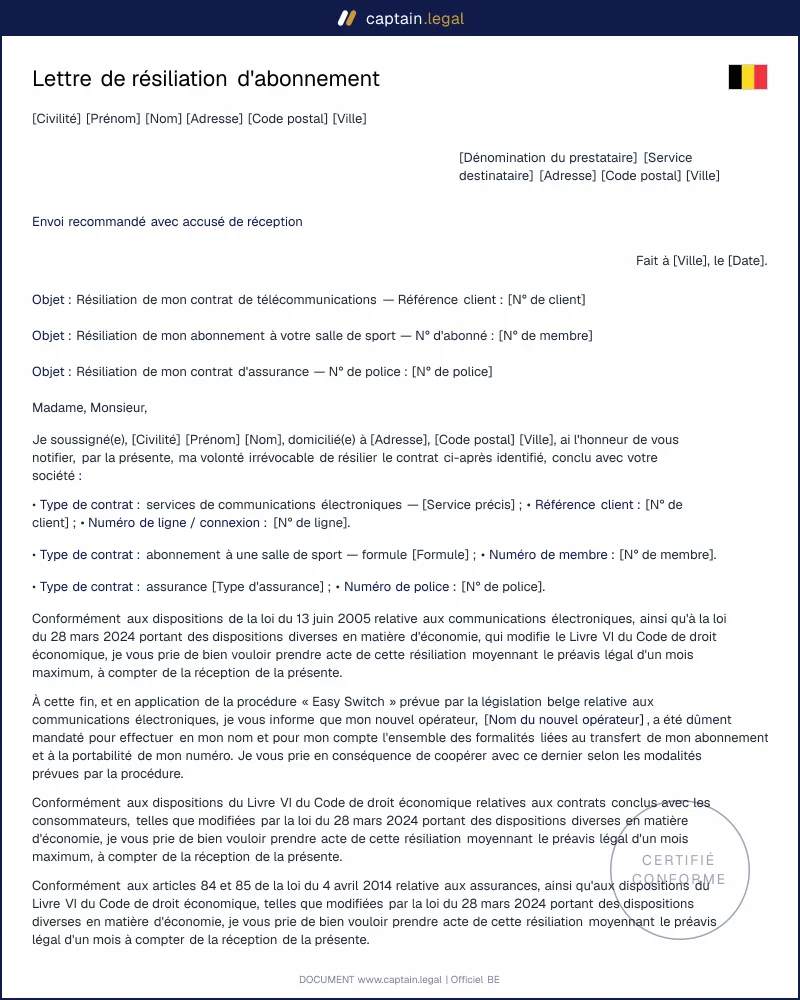 Résilier un abonnement en Belgique : modèle de lettre