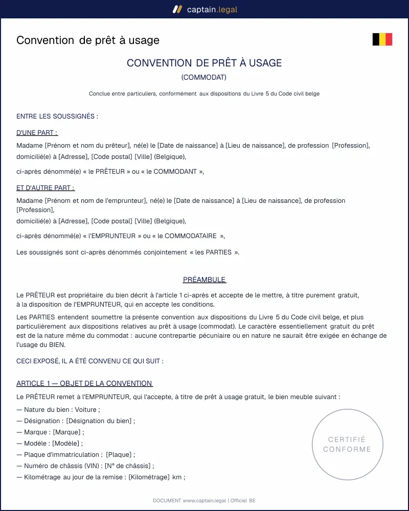 Commodat : modèle de convention de prêt à usage en Belgique