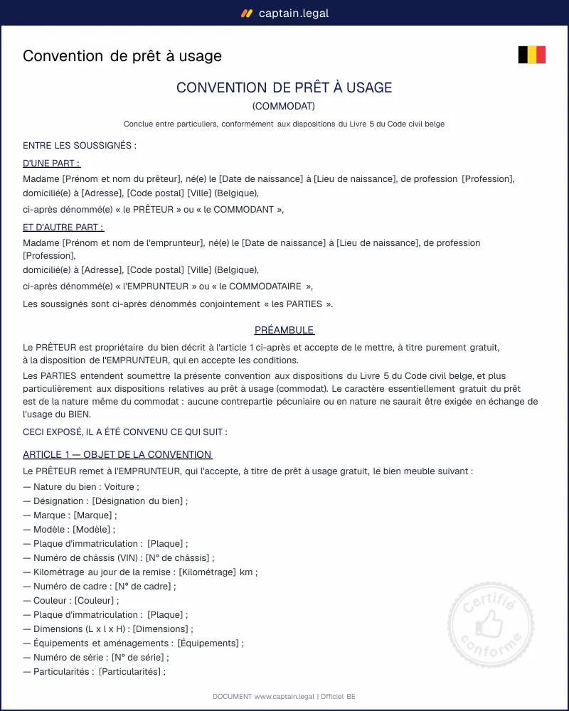 Commodat : modèle de convention de prêt à usage en Belgique