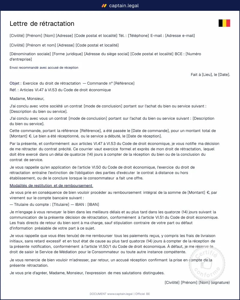 Modèle lettre de rétractation : annuler un achat en 14 jours