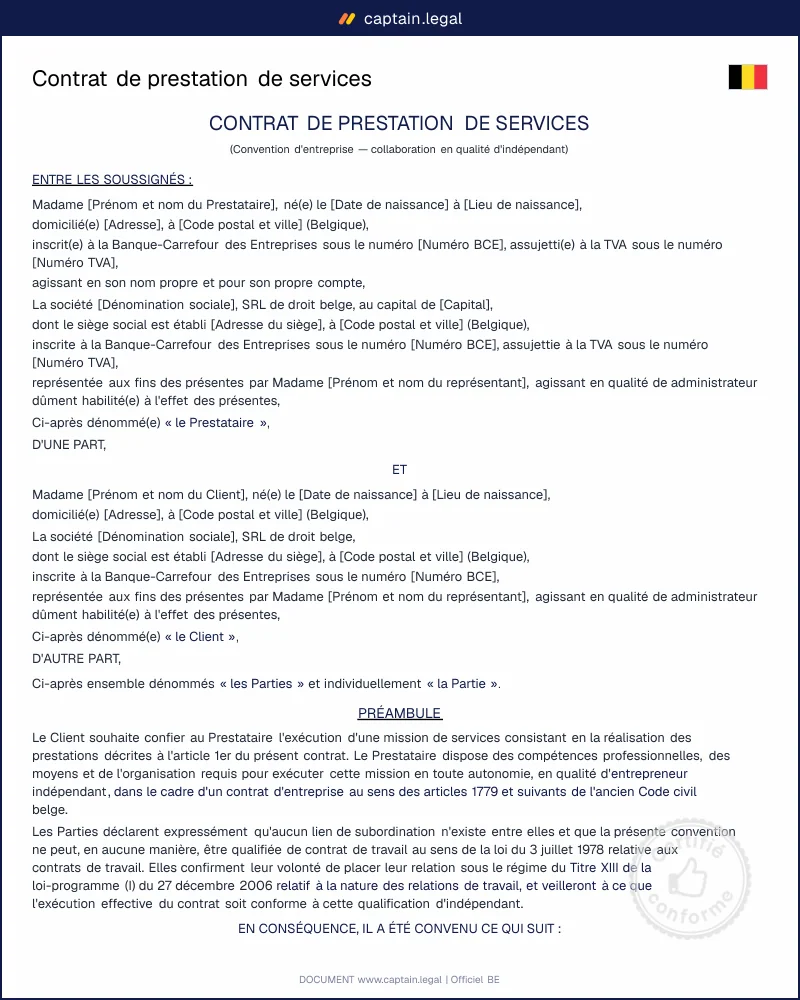 Contrat freelance Belgique conforme loi 27 décembre 2006