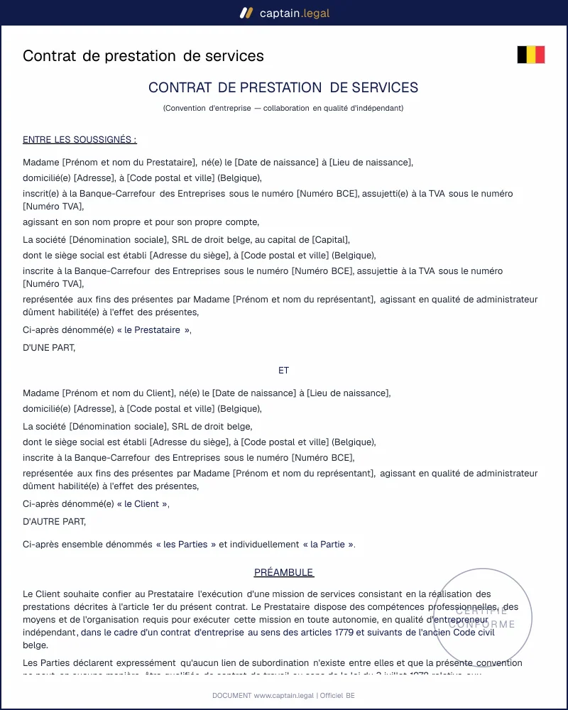 Contrat freelance Belgique conforme loi 27 décembre 2006