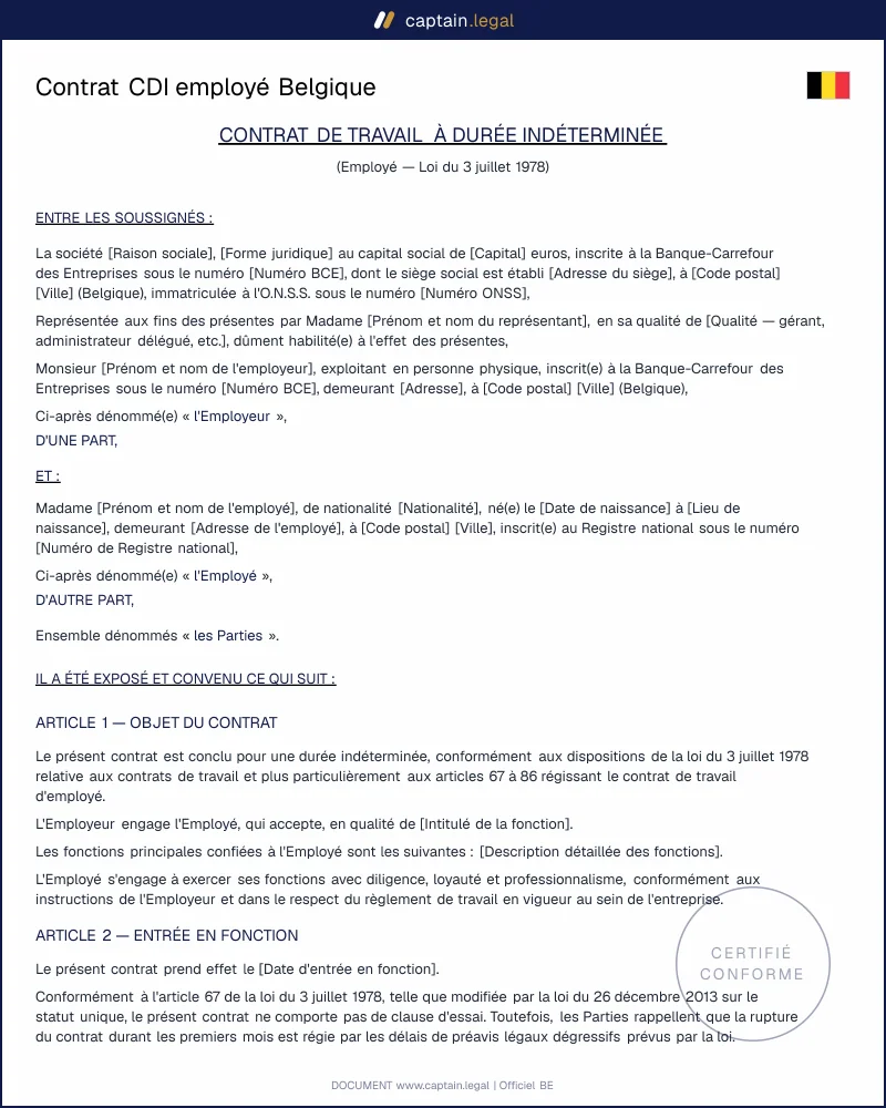 CDI employé : contrat de travail belge à télécharger