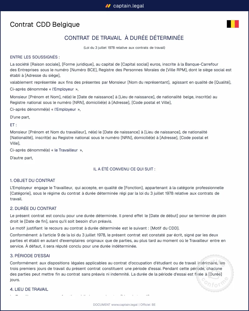 Contrat CDD Belgique : modèle Word et PDF conforme loi 1978