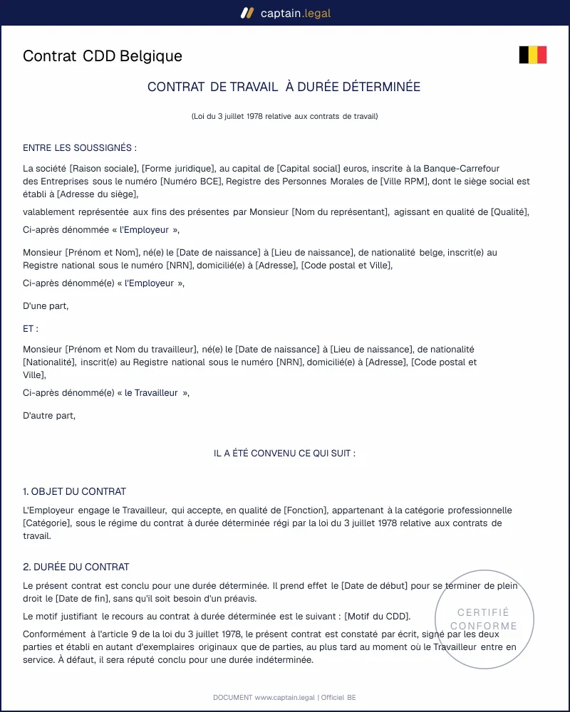 Contrat CDD Belgique : modèle Word et PDF conforme loi 1978