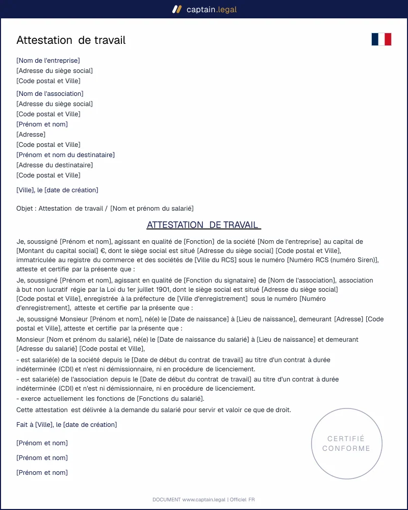 Modèle d'attestation de travail à personnaliser
